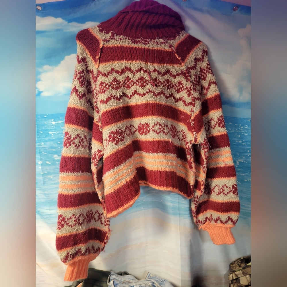 Free People Burgundy and Beige Turtleneck Sweater - Picture 3 of 5